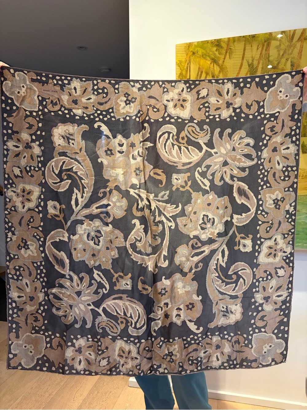 Giorgio Armani Brown and Black Floral Paisley Silk Scarf